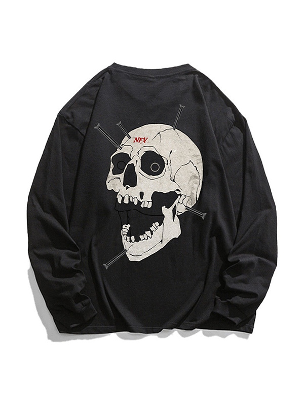 Camiseta de manga larga con estampado de calavera estilo americano para hombre-2