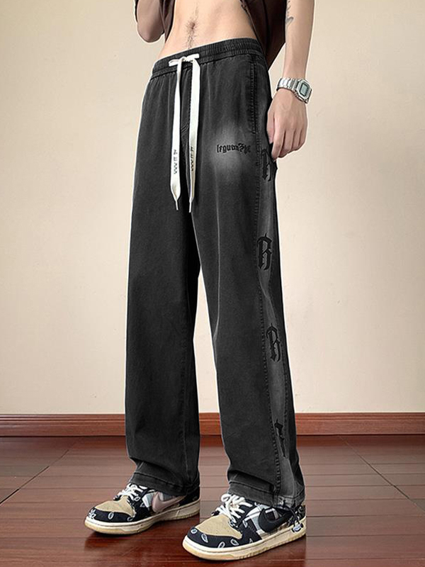 Vaqueros de pierna recta con cordón y estampado vintage para hombre-2