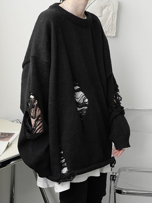 Suéter de hombre con cuello redondo y rasgados lisos-2