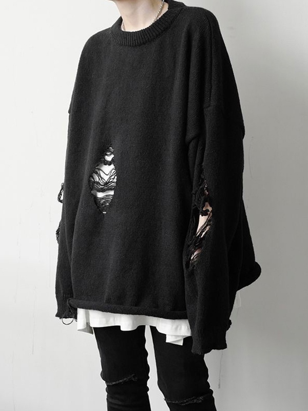 Suéter de hombre con cuello redondo y rasgados lisos-1