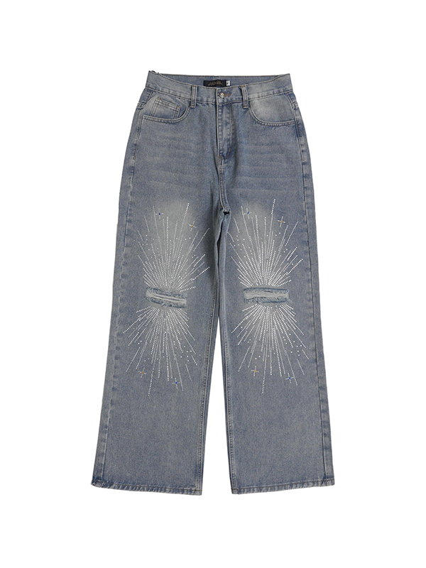 Vaqueros de pierna recta rasgados con estampado de diamantes de imitación de fuegos artificiales para hombre-3