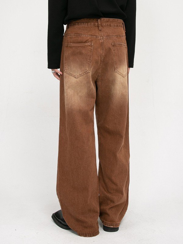 Jeans sueltos de hombre de mezclilla marrón desteñido-3