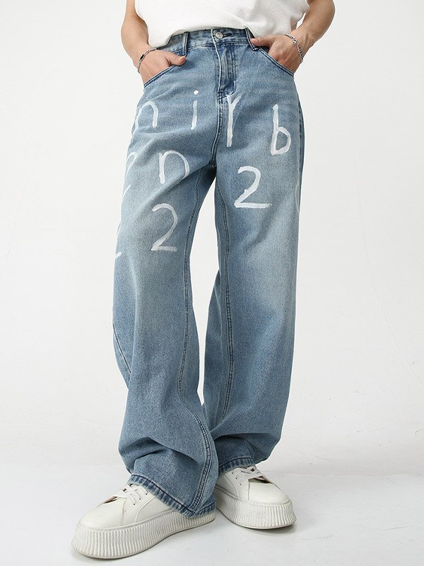 Jeans sueltos con estampado de letras para hombre-2
