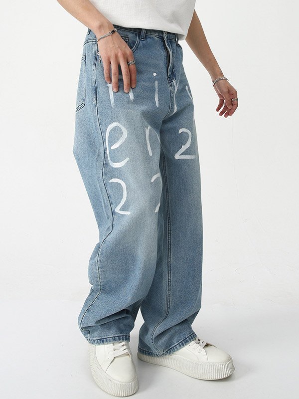 Jeans sueltos con estampado de letras para hombre-1