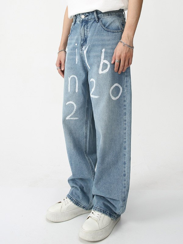 Jeans sueltos con estampado de letras para hombre-4