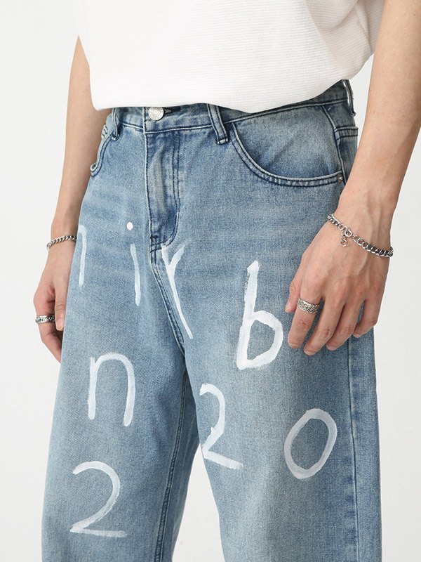 Jeans sueltos con estampado de letras para hombre-3
