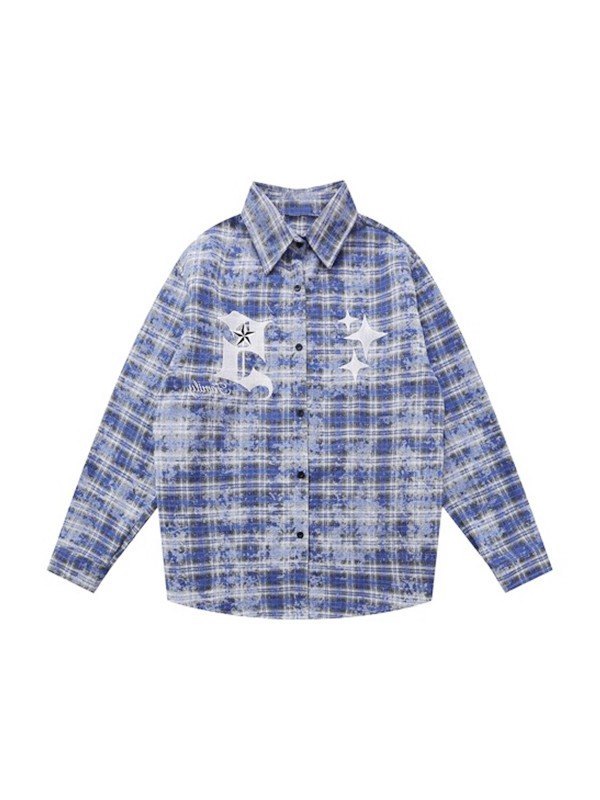 Camisa de hombre de manga larga bordada con efecto teñido anudado a cuadros-4