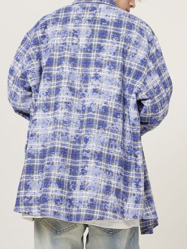 Camisa de hombre de manga larga bordada con efecto teñido anudado a cuadros-3