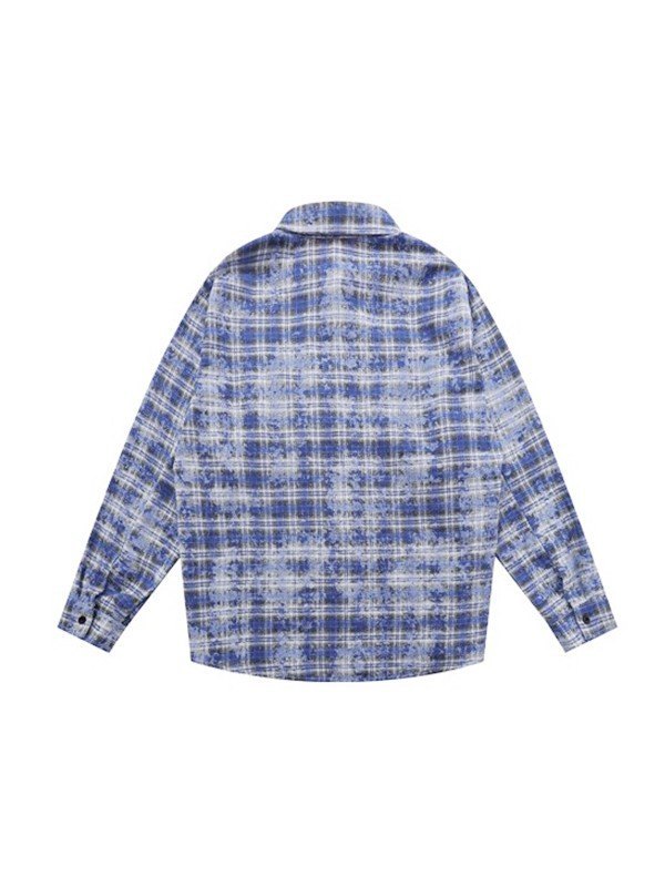 Camisa de hombre de manga larga bordada con efecto teñido anudado a cuadros-5