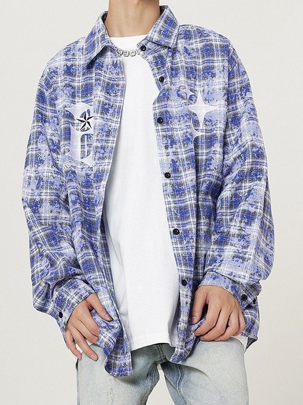 Camisa de hombre de manga larga bordada con efecto teñido anudado a cuadros-2