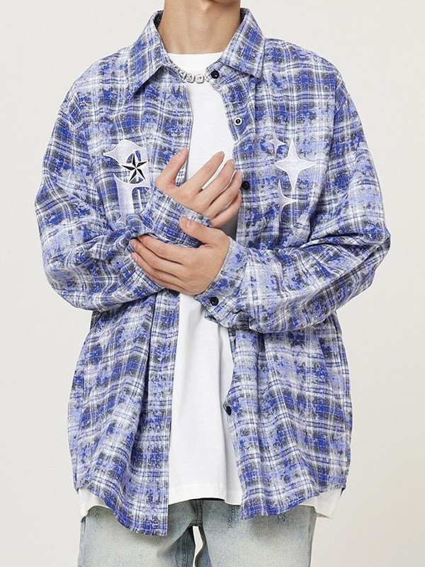 Camisa de hombre de manga larga bordada con efecto teñido anudado a cuadros-1