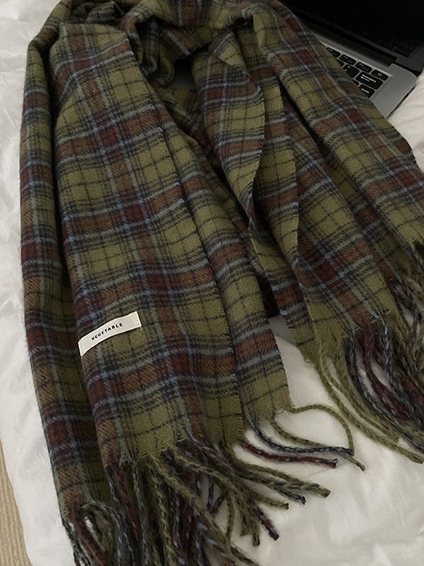 Pañuelo Vintage Verde Cuadros Flecos-2