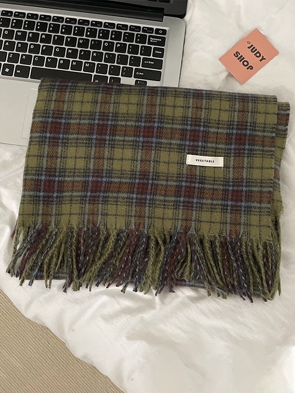 Pañuelo Vintage Verde Cuadros Flecos-3